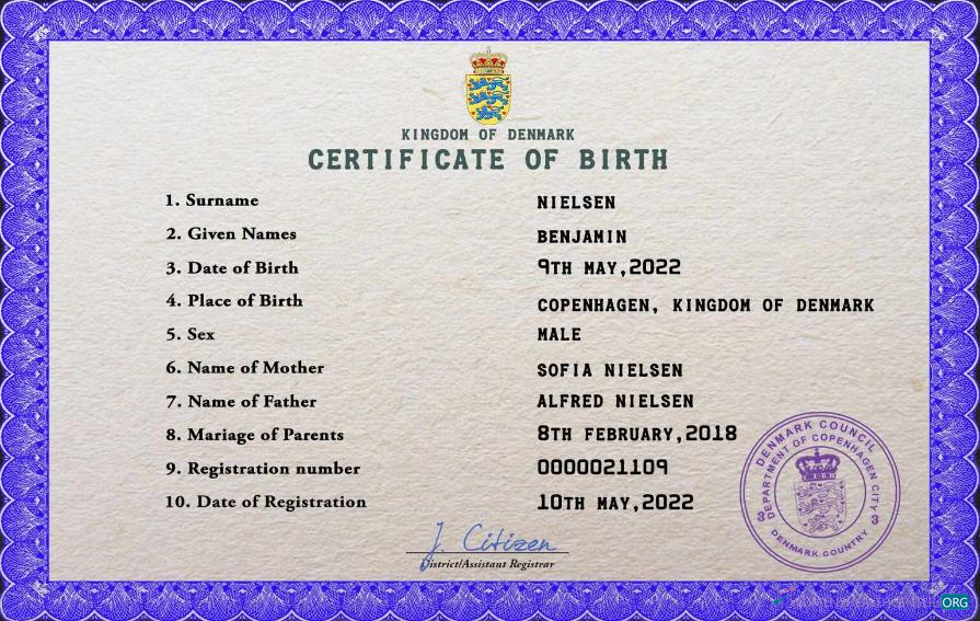 Download Denmark birth certificate PSD template Photoshop template